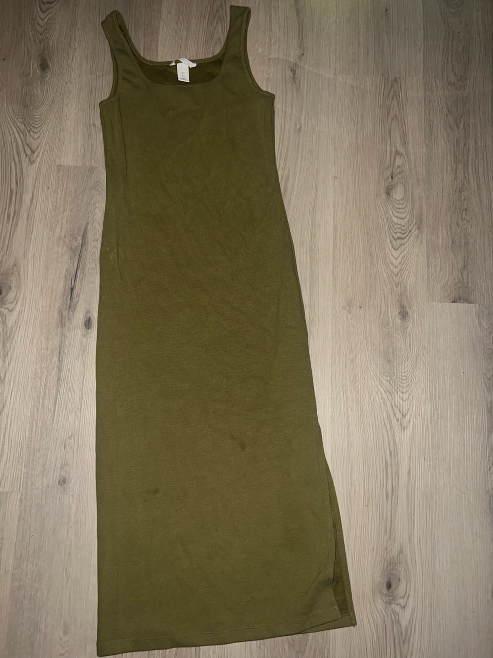 H&M Olive Green Sleeveless Midi Dress Side Slit Size M Stretch Cotton Blend